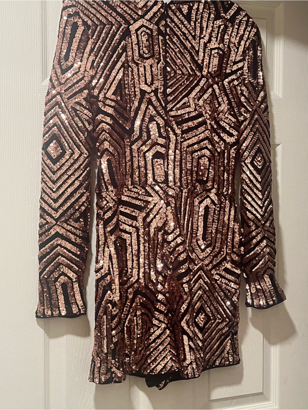 Geometric Sequin Long-Sleeve Romper in Rose Gold and Black